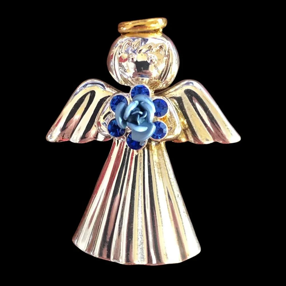 Angel Brooch Blue‎ Rose Silver Tone Pin Gold Halo Pin